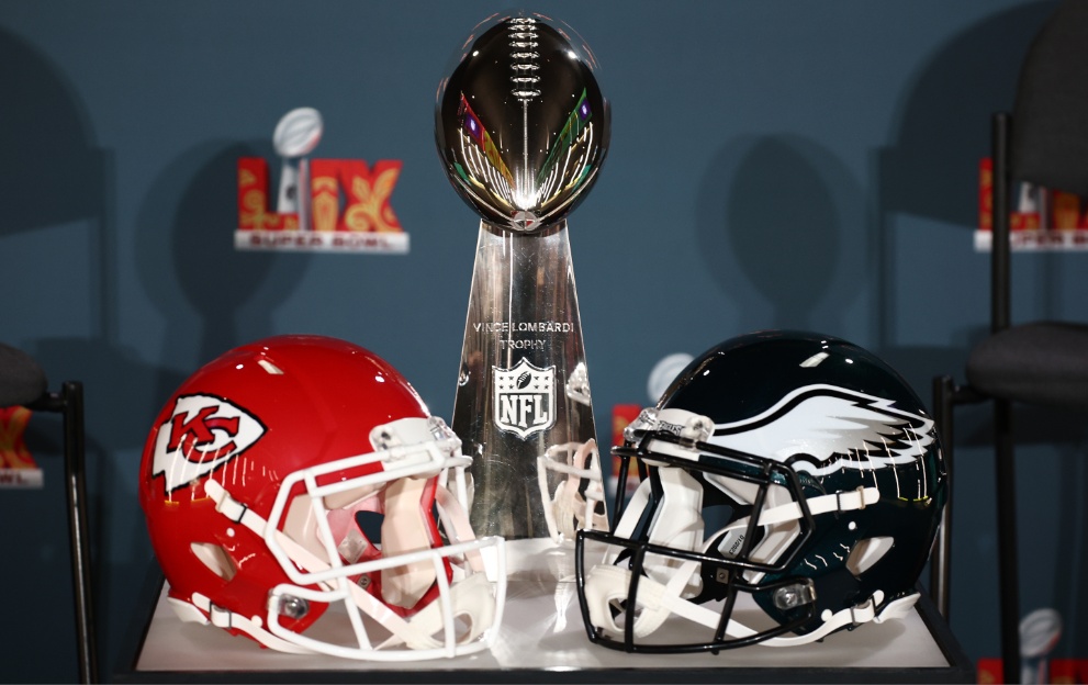 Chiefs and Eagles helmets